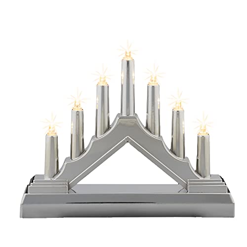 hellum, LED-Kerzenleuchter, Schwibbogen, Kunststoff, silber, 7 warm-weiße LEDs, 16x13 cm, Indoor, batteriebetrieben (2AA), Weihnachts-Dekoration, 520934 von hellum