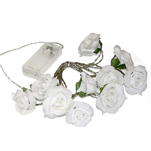 hellum LED Lichterkette mit weißen Rosen, Lichterkette innen mit 10 LED warmweiß, Batterie (2xAA, nicht inkl.) mit 2,3m Gesamtlänge, Dekoration 300239 von hellum