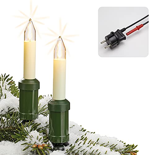 Hellum LED Lichterkette Weihnachtsbaum Made-in-Germany, Lichterkette mit Weihnachtskerzen mit Clip, 30 Lichter, beleuchtete Länge 2900cm, Kabel grün Schaft weiß, für außen mit teilbarem Stecker 845563 von hellum