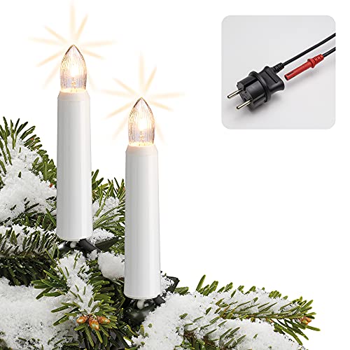 Hellum LED Lichterkette Weihnachtsbaum Made-in-Germany Christbaumbeleuchtung Kerzen Lichterkette außen mit Clip, 20 warm-weiße LED-Filament, beleuchtete 1900cm, Kabel grün für Außen mit Stecker 842500 von hellum