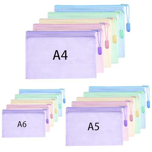 15 Stück Dokumententasche A4+A5+A6, Dokumentenmappe mit Reißverschluss Wasserdichte Reißverschlusstasche Dokumententaschen für Schule Büro Datei Testpapiere Quittungen Kosmetika, 5 Farben von Hemiks