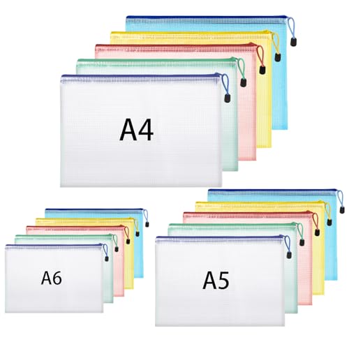 15 Stück Dokumententasche A4+A5+A6, Wasserdichte Reißverschlusstasche Dokumentenmappe mit Reißverschluss Dokumententaschen für Datei Prüfungspapier Quittungen Kosmetika (5 Farben) von Hemiks