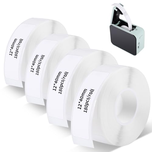4 Rollen Thermo-Etikettenband für P15/Q30/D30 Etikettendrucker, 12 x 40 mm Kompatibel Etikettenband, Wasserdicht Selbstklebende Etikettenband von Hemiks
