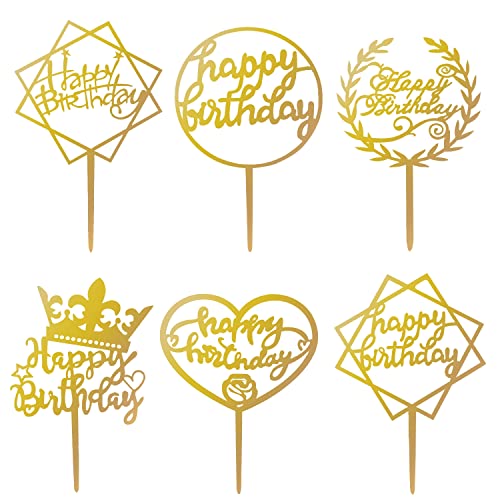 6 Stück Happy Birthday Cake Topper, Acryl Happy Birthday Tortendeko Gold Kuchen Deko Geburtstag, Tortentopper für Geburtstagsfeiern Kinder Erwachsene von Hemiks