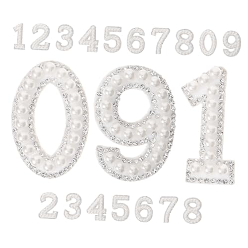 Hemobllo 20 Stück Teiliges Strass Perlen Bügelbild Zahlen Weiß Glitzernde Applikationen zum Aufbügeln Kleidung Schuhe Taschen DIY Dekoration Langlebige Nonwoven Stoffetiketten von Hemobllo