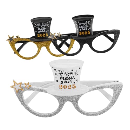 Hemobllo 3 Stück Teiliges Partybrillen Neujahr mit Leuchtenden Stabilen PC Gläsern Lustige Fotorequisiten für Silvester und Weihnachtsfeiern Unisex Schwarz Gold Silber Designs von Hemobllo