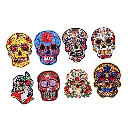 Hemobllo 8Stücke Halloween Schädel Aufnäher für DIY Kleidung und Rucksäcke Gestickte Patches zur Reparatur und Dekoration Gemischte Designs für Bastelprojekte von Hemobllo