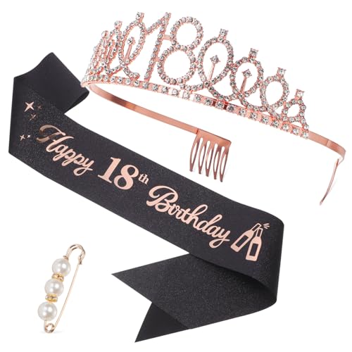 Hemobllo Roségoldenes Schärpen- Und Tiara-Set Zum 18. Geburtstag: Strass-Kronen-Stirnband – Glitzer-Satin-Schärpe Dekoration Zum 18. Geburtstag Party-Accessoires Für Mädchen Und Frauen von Hemobllo