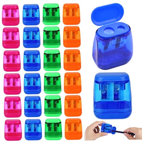 24 Stcs Bleistiftspitzer, zwei Löcher Bleistiftspitzer Handheld mit Deckel, 4 Farben Tragbares Handbuch für Kinder im Schulbüro -Kunstraum und im Freien, Halloween Decor von Hemore