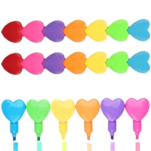 2pcs stapelbare Marker 6 Pastellfarben in 1 Meißelspitze Highlighters Plastik Herzform Highlighters für Kinderschule Zeichnen Malerei Schreibbüro, stapelbare Markierungen, für Kinder von Hemore