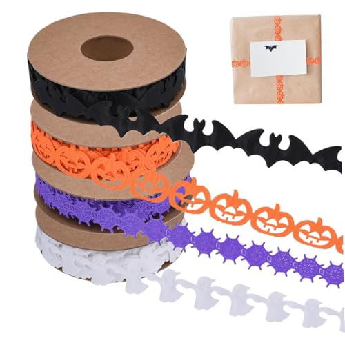 4 Rolls Halloween Ribbon 10.9 Meter geprägte Halloween Dekorationen Kürbis, Fledermaus, Geister, Spinnenmedikatorte Handwerksbänder zum Wickeln von DIY -Kranzdekorationen, Dekor, Dekor von Hemore