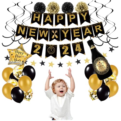 Neujahrsdekorationen 2024, 1 Set schwarze Goldballons mit einem glücklichen neuen Jahr Banner, Swirls Streamers & Pom Poms, Silvesterdekorationen für Partyfotografie Hintergrunddekoration von Hemore