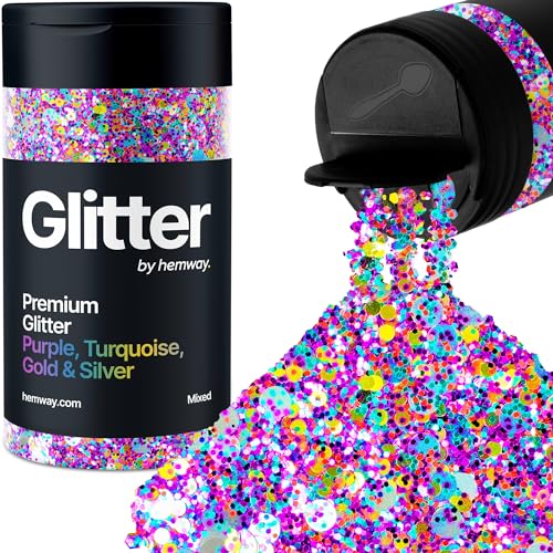 Hemway Chunky Glitzer 105g/3.7oz Mixed Craft Glitzer Puder Pailletten Metallische Flocken für Nail Art Körper Gesicht Auge Haar Fest, Epoxidharz - Lila Türkis Blau Schwarz Mit Gold Silber Disc Mix von Hemway