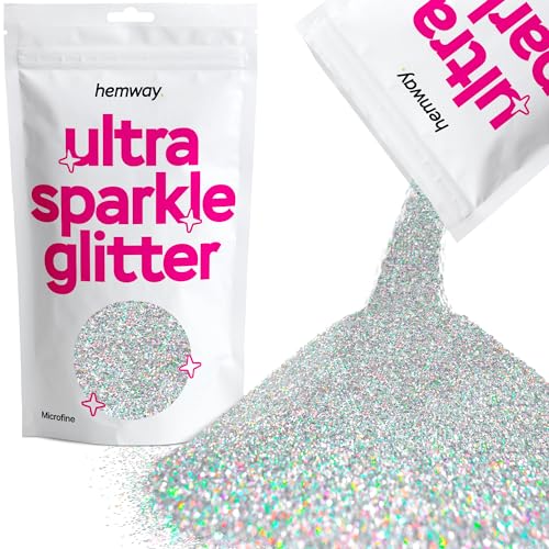 Hemway Erstklassiger Mehrzweck-Glitzerstaub/Puder 0,1 mm 100 Mikron Staub/Puder, 100 g, einzigartige Farben zur Verwendung bei Bastelarbeiten, Weinglas-Arrangements, Dekoration von Hochzeitstischen, für Geschenke, Karten, Blumen, Kosmetika, auf Gesicht, Augenlidern, Körper, Nägeln, Haut, Haar, Bärten, Glitzer, SIlver Holographic, 1/256" .004" 0.1mm 100 microns von Hemway