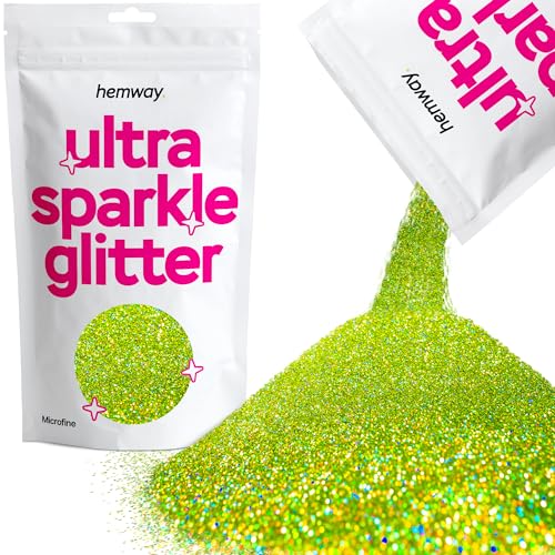 Hemway Erstklassiger Mehrzweck-Glitzerstaub/Puder 0,1 mm 100 Mikron Staub/Puder, 100 g, einzigartige Farben zur Verwendung bei Bastelarbeiten, Weinglas-Arrangements, Dekoration von Hochzeitstischen, für Geschenke, Karten, Blumen, Kosmetika, auf Gesicht, Augenlidern, Körper, Nägeln, Haut, Haar, Bärten, Glitzer, Lime Green Holographic, 1/256" .004" 0.1mm 100 microns von Hemway
