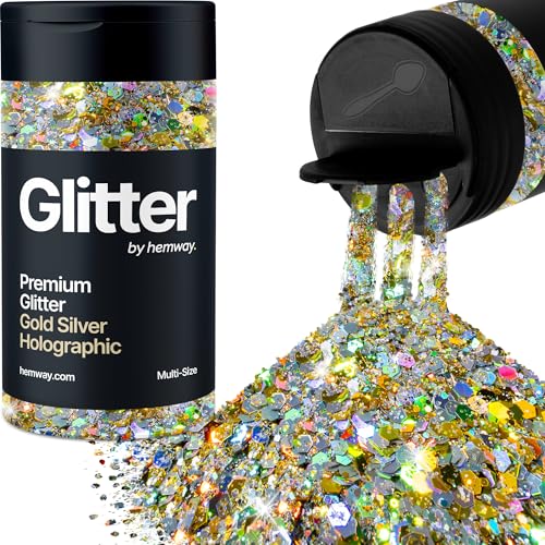 Hemway Gold Silber Holographisch 5 Größe Glitzer Mischen 120g/4.2oz Fein Grob Metallisch Harz Handwerk Multi-Größe Glitzer Paillette Shaker für Epoxid, Haare Gesicht Körper Auge Nagel Kunst Festival Hemway Gold Silber Holographisch 5 Größe Glitzer Mischen 120g/4.2oz Fein Grob Metallisch Harz Handwerk Multi-Größe Glitzer Paillette Shaker für Epoxid, Haare Gesicht Körper Auge Nagel Kunst Festival von Hemway