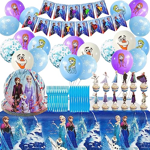 Hendpock Eiskönigin Geburtstags Deko 81 Prinzessin Partygeschirr Set Zubehör Einschließlich Teller Tischdecke Geschenktasche Ballons Banner Tortendeko Messer Gabeln für Kinder Geburtstags 10 Personen von Hendpock