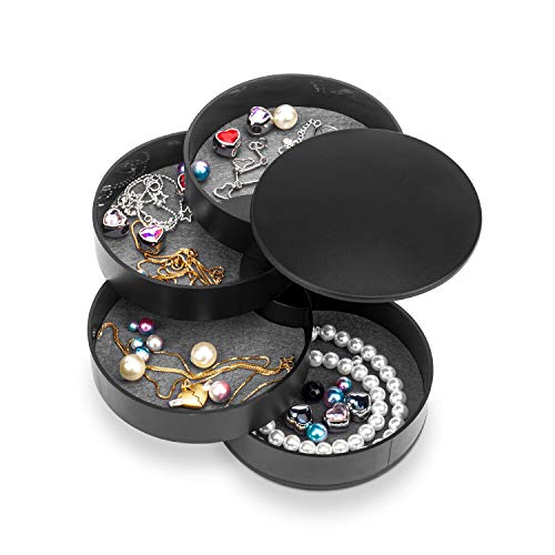 HengLiSam Schmuck Organizer, Kleine Schmuckschatulle Ohrringhalter für Frauen, Schmuck Aufbewahrungsbox 4-lagig Drehbar Schmuck Zubehör Ablageschale mit Deckel für Ringe Armbänder (Schwarz) von HengLiSam