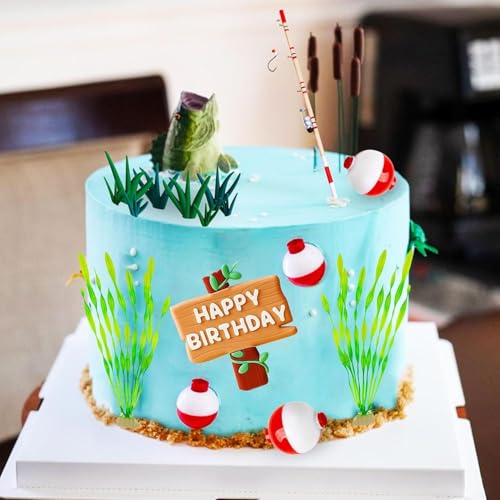 Hengrongshen Angeln Tortendeko Set, 17 Stücke Fishing Torten Zubehör mit Barsch Fisch, Angelrute, Wasserpflanzen, Gone Fishing Kuchendekoration Perfekt für Angel-Liebhaber, Geburtstage von Hengrongshen
