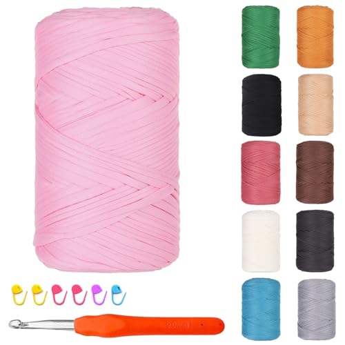 Hengrongshen Textilgarn zum Häkeln, 400g/120m T-Shirt Garn, Baumwollgarn Dickes Garn Bändchengarn mit Häkelnadeln zum Häkeln und Stricken, für DIY Körbe, Taschen, Decke (Dunkel Rosa) von Hengrongshen
