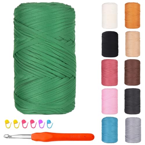 Hengrongshen Textilgarn zum Häkeln, 400g/120m T Shirt Garn zum Häkeln, Baumwollgarn Dickes Garn Bändchengarn mit Häkelnadeln zum Häkeln und Stricken, für DIY Körbe, Taschen, Decke (Gras Grün) von Hengrongshen