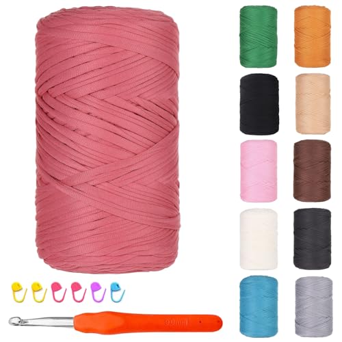 Hengrongshen T-Shirt Garn zum Häkeln, 400g/120m, Baumwollgarn Dickes Garn Bändchengarn mit Häkelnadeln, für DIY Körbe, Taschen, Decke (Hell Rosa) von Hengrongshen
