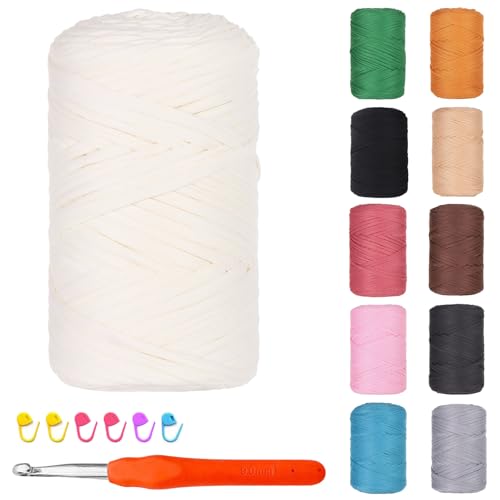 Hengrongshen T-Shirt Garn zum Häkeln und Stricken, 400g/120m, Baumwollgarn Dickes Garn Bändchengarn mit Häkelnadeln, für DIY Körbe, Taschen, Decke (Weiß) von Hengrongshen