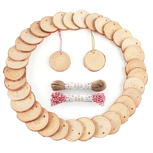 Hengsong Holzscheiben mit Loch 30 Stk,Holzplatte Rund 8-9cm,Baumscheiben,Holzscheiben zum Basteln,Baumrinde zum Basteln für DIY&Holzanhänger zum Bemalen&Hochzeits-Weihnachtsdeko von Hengsong