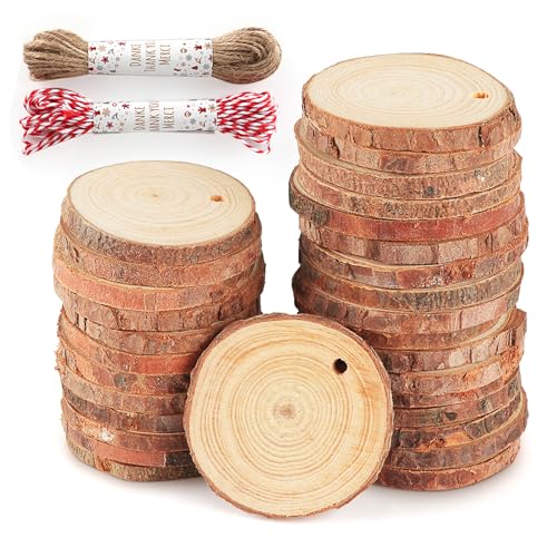 Hengsong Holzscheiben mit Loch 60 Stk,Holzplatte Rund 4-5cm,Baumscheiben,Holzscheiben zum Basteln,Baumrinde zum Basteln für DIY&Holzanhänger zum Bemalen&Hochzeits-Weihnachtsdeko von Hengsong