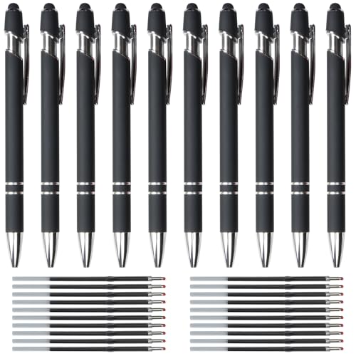 Hengxinchen Kugelschreiber Hochwertig,10 Stk Super Haltbar Druckkugelschreibe mit 20 Stk Nachfüllungen, Kugelschreiber Set Schwarz,2 in 1 Ergonomische Kugelschreiber mit Touchpen für Büro und Haushalt von Hengxinchen