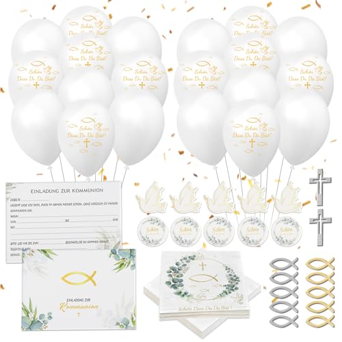 Kommunion Deko, Taufe Deko Junge Mädchen, 10 Kommunion einladungskarten, 40 Holz Fische Deko, 10 Kreuz Deko, 20 Servietten, 20 Luftballons, 10 Papierstau, für Servietten Taufdeko Tisch Deko Kommunion Deko, Taufe Deko Junge Mädchen, 10 Kommunion einladungskarten, 40 Holz Fische Deko, 10 Kreuz Deko, 20 Servietten, 20 Luftballons, 10 Papierstau, für Servietten Taufdeko Tisch Deko von Henjunu