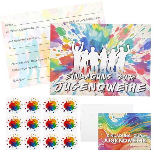 Henjunu 12x Einladungskarten zur Jugendweihe, Jugendweihe Einladungskarten mit 12 Umschläge und 12 Aufkleber, Regenbogen Farbkleckse,Jugendweihe Geschenk für Jungen Mädchen Henjunu 12x Einladungskarten zur Jugendweihe, Jugendweihe Einladungskarten mit 12 Umschläge und 12 Aufkleber, Regenbogen Farbkleckse,Jugendweihe Geschenk für Jungen Mädchen von Henjunu