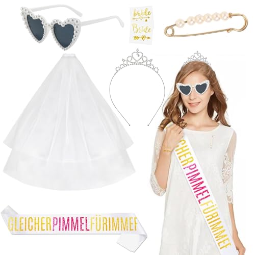 7 Stück JGA Accessoires Frauen - Bride to Be Schärpe, Schleier JGA Weiße, Herz Sonnenbrille Perl, Brosche, 2 Tattoos, JGA Deko Frauen für Junggesellenabschied Brautparty und Hochzeitsfotografie 7 Stück JGA Accessoires Frauen - Bride to Be Schärpe, Schleier JGA Weiße, Herz Sonnenbrille Perl, Brosche, 2 Tattoos, JGA Deko Frauen für Junggesellenabschied Brautparty und Hochzeitsfotografie von Henjunu