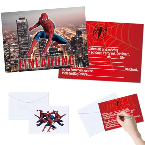 Henkodo Superhelden Einladungskarten Kindergeburtstag,12 Deutsche Spinne Einladung 12 Bedruckte Briefumschläge mit Umschlag Hero Partyeinladungen für Kinder jungen von Henkodo