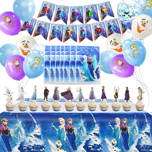 Henkodo Geburtstag Luftballons Mädchen,Eiskönigin Geburtstagsparty Deko 51PCS Eiskönigin geburtstagsdeko Mit Banner Cartoon-Mustern Latexballon Cake Topper Geschenktüte für Kindergeburtstag Party Deko von Henkodo