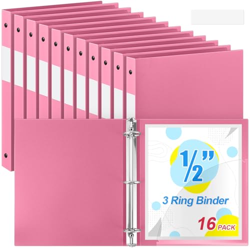 Henoyso 16 Stück 3-Ringordner, 1,27 cm, rund, passend für Briefgröße 8. 12,7 x 27,9 cm, flexibler Ordner für 100 Blatt mit 1 Tasche, vielseitiger Organizer für Büro, Zuhause, Schule (Rosa) von Henoyso