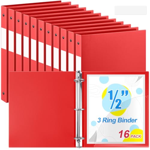 Henoyso 16 Stück 3-Ringordner, 1,27 cm, rund, passend für Briefgröße 8. 12,7 x 27,9 cm, flexibler Ordner für 100 Blatt mit 1 Tasche, vielseitiger Organizer für Büro, Zuhause, Schule (rot) von Henoyso