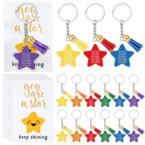 Henoyso 24 Sets inspirierende Geschenke Großpackung Stern Schlüsselanhänger mit Geschenkkarten Opp Taschen für Lehrer Bürobedarf Willkommensgeschenktütenfüller (heller Stil) von Henoyso