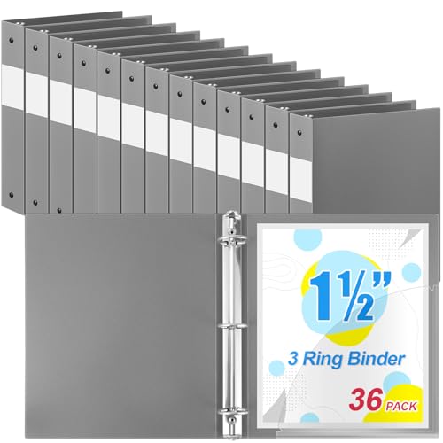 Henoyso 36 Stück 3-Ringbuch, 3,8 cm, Kunststoff, flexibel, rund, passend für Briefgröße 21,6 x 27,9 cm, Papier, hält 300 Blatt mit 1 Tasche, für Büro, Schule (grau) von Henoyso