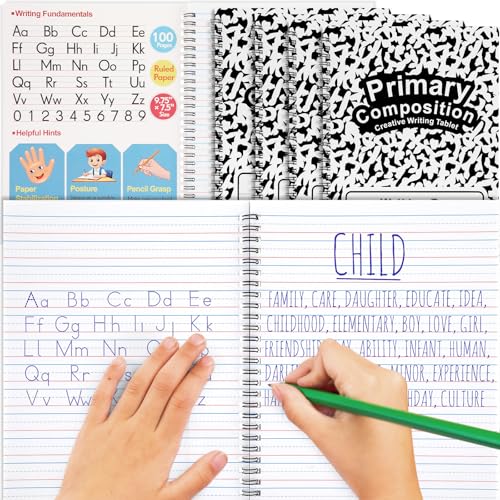 Henoyso K-2 Primär-Tagebuch, 100 Seiten, Spiralbuch, Marmor, Zeichnen, Handschrift, Übungspapier für Kinder, Kindergarten, Vorschule, 1. 2. Klasse, Studentenbedarf (schwarz), 4 Stück von Henoyso