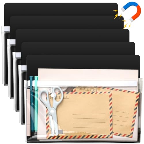 Henoyso Magnetischer Aktenhalter, Papierhalter, magnetisch, trocken abwischbar, Marker, Organizer, Kühlschranktasche, Organizer für Whiteboard, Kühlschrank, 24,1 x 30,5 cm (schwarz), 5 Stück von Henoyso