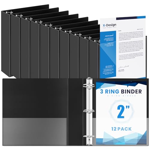Henoyso Ordner mit 3 Ringen, 5,1 cm, passend für 21,6 x 27,9 cm Briefgröße, Kunststoff, schwarz, flexible Ordner mit Sichtdeckel und 2 Taschen, 375 Blatt Kapazität, für Büro, Schule, 12 Stück von Henoyso