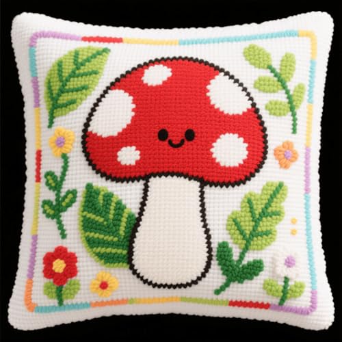 DIY Latch Cushion, Cartoon-Pilze und Blätter Latch Hook Kits, Embroidery Rug Set, Handmade Crochet Cushion, Knüpfkissen Set für Erwachsene, 43x43cm DIY Latch Cushion, Cartoon-Pilze und Blätter Latch Hook Kits, Embroidery Rug Set, Handmade Crochet Cushion, Knüpfkissen Set für Erwachsene, 43x43cm von Henypt
