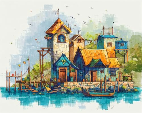Henypt 11Ct Gestempelte Kreuzstich-Sets, Fischerdorf 40X50Cm Diy Cross Stitch Stickpackung Craft Handarbeiten Vorgedruckter Stickerei-Starter-Kit Für Anfänger von Henypt