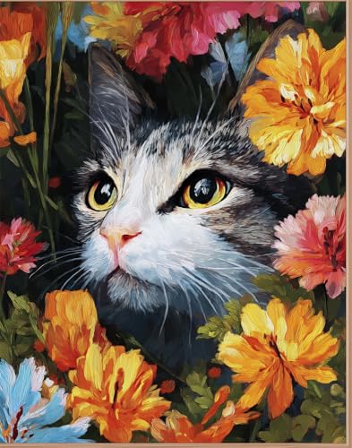 Henypt 11Ct Gestempelte Kreuzstich-Sets, Katze In Den Blumen 40X50Cm Diy Cross Stitch Stickpackung Craft Handarbeiten Vorgedruckter Stickerei-Starter-Kit Für Anfänger von Henypt