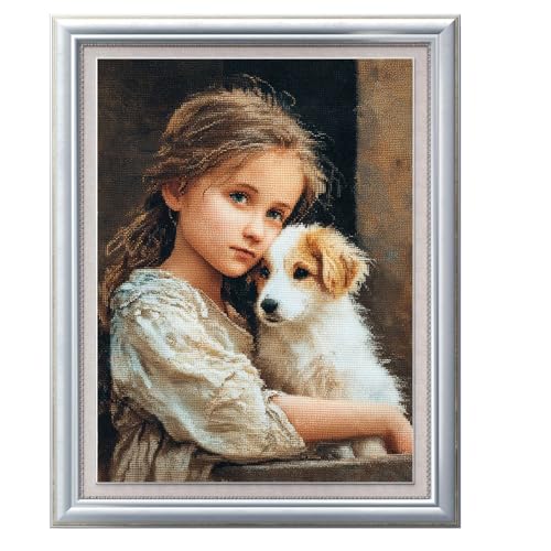 Henypt 11Ct Gestempelte Kreuzstich-Sets, Mädchen Und Hund 40X50Cm Diy Cross Stitch Stickpackung Craft Handarbeiten Vorgedruckter Stickerei-Starter-Kit Für Anfänger von Henypt