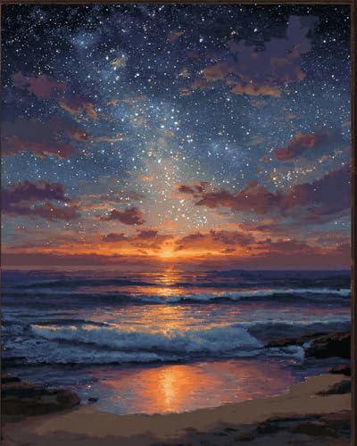 Henypt 11Ct Gestempelte Kreuzstich-Sets, Nächtliche Strandlandschaft 40X50Cm Diy Cross Stitch Stickpackung Craft Handarbeiten Vorgedruckter Stickerei-Starter-Kit Für Anfänger von Henypt