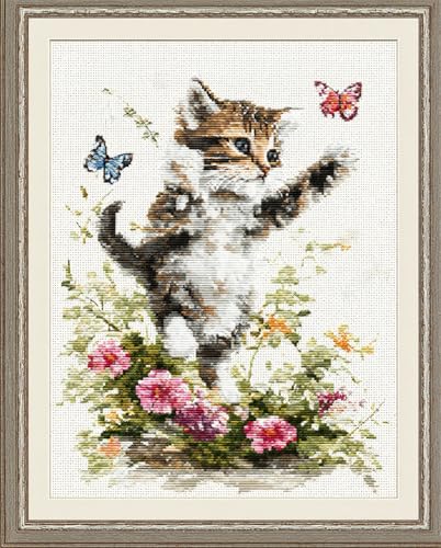 Henypt 11Ct Gestempelte Kreuzstich-Sets, Süßes Kätzchen Jagt Schmetterlinge 40X50Cm Diy Cross Stitch Stickpackung Craft Handarbeiten Vorgedruckter Stickerei-Starter-Kit Für Anfänger von Henypt