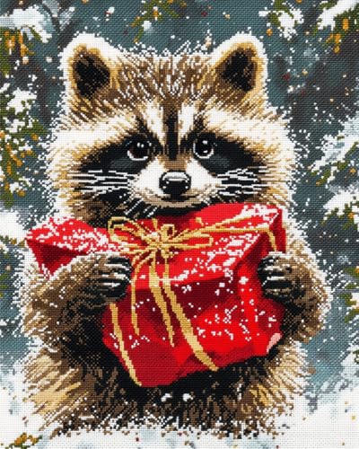 Henypt 11Ct Gestempelte Kreuzstich-Sets, Waschbär Hält Ein Geschenk Diy Cross Stitch Stickpackung Craft Handarbeiten Vorgedruckter Stickerei-Starter-Kit Für Anfänger von Henypt