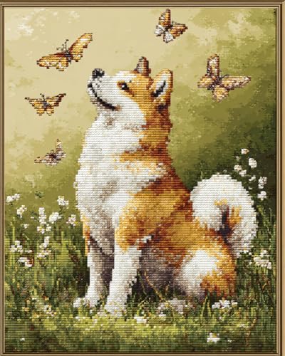 Henypt 11Ct Kreuzstich Set Vorgedruckt, Akita-Hund Sitzt Auf Dem Gras 40X50Cm Kreuzstich Stickpackungen Diy Stickerei Set Gestempelt Erwachsene Anfänger (Vorgedruckt) von Henypt